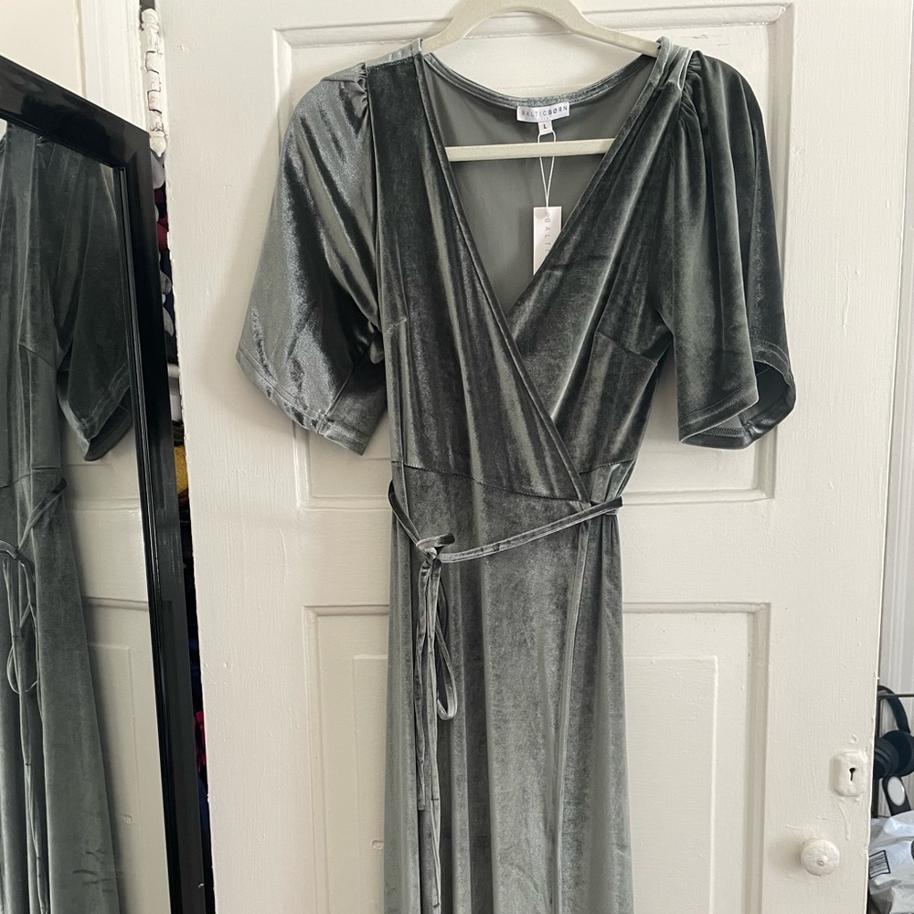 Eucalyptus Flutter Sleeve Velvet Wrap Dress